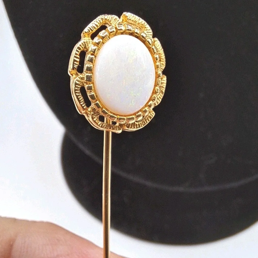 Opal Stone Stick Pin Open Lace Edge Design Gold Tone Cabochon 2.25